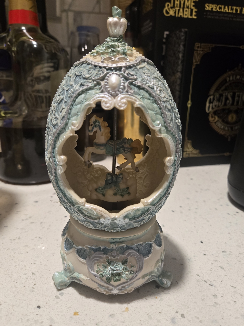 Vintage Classical Blue Egg Shell Horse Pony Carousel Musical Edelweiss
